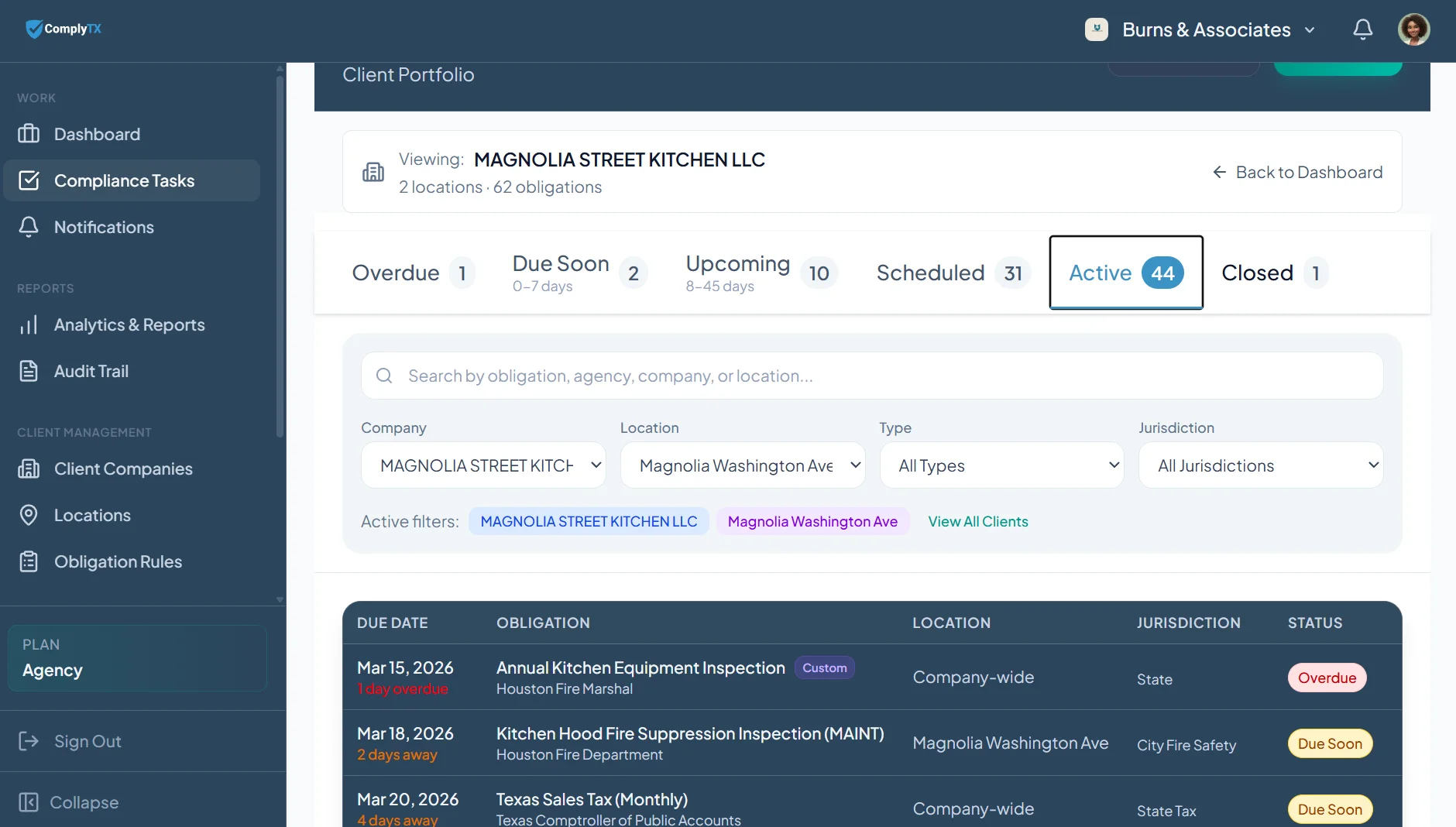 ComplyTX compliance tasks for Magnolia Street Kitchen — active obligations with Due Soon and Overdue status badges