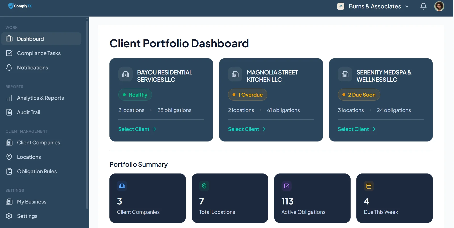 ComplyTX Agency dashboard showing three client companies — Bayou Residential Services, Magnolia Street Kitchen, Serenity Medspa — with health status badges and portfolio summary