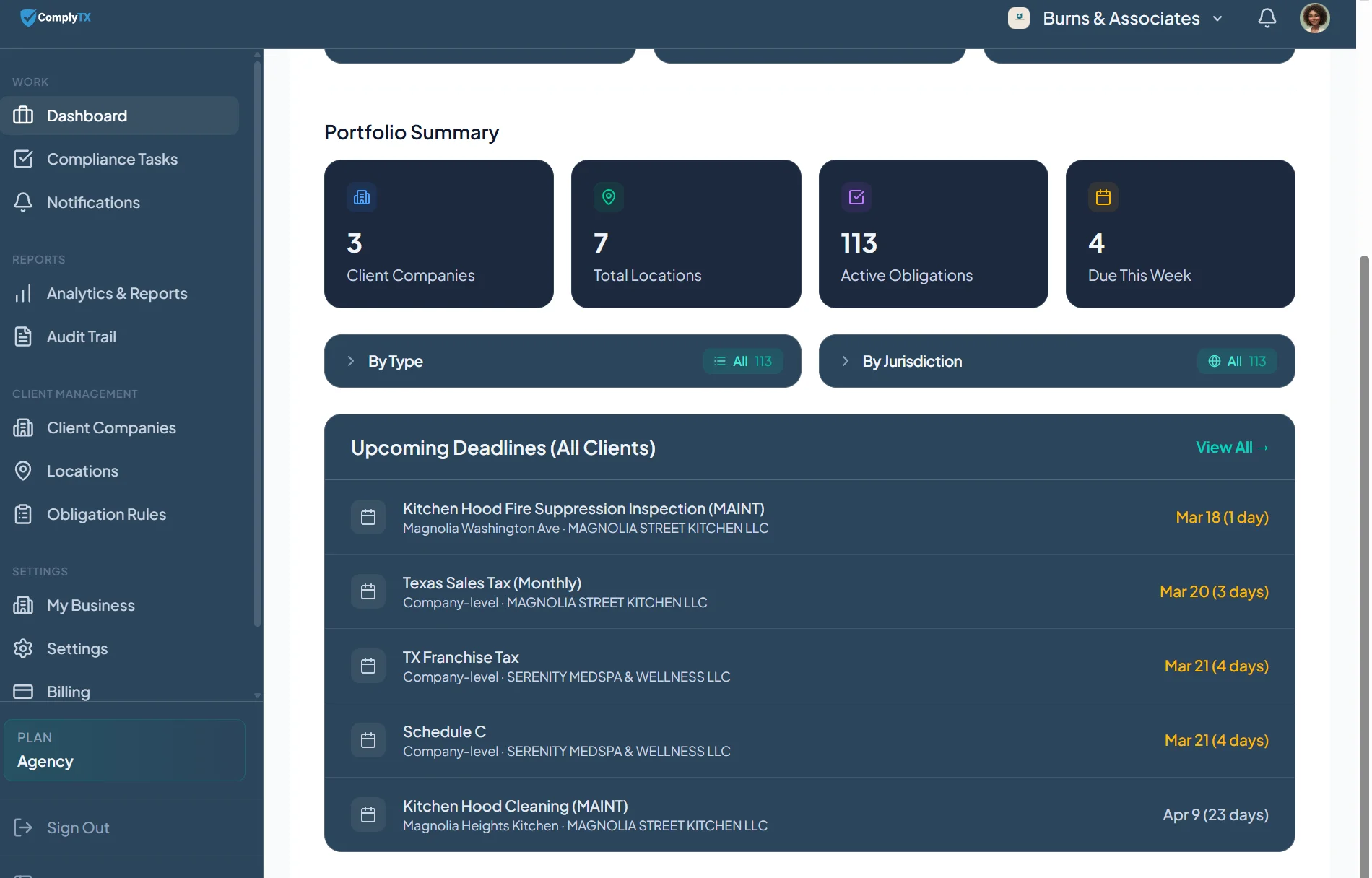 ComplyTX upcoming deadlines across all clients — Kitchen Hood Inspection, Texas Sales Tax, TX Franchise Tax with countdown dates