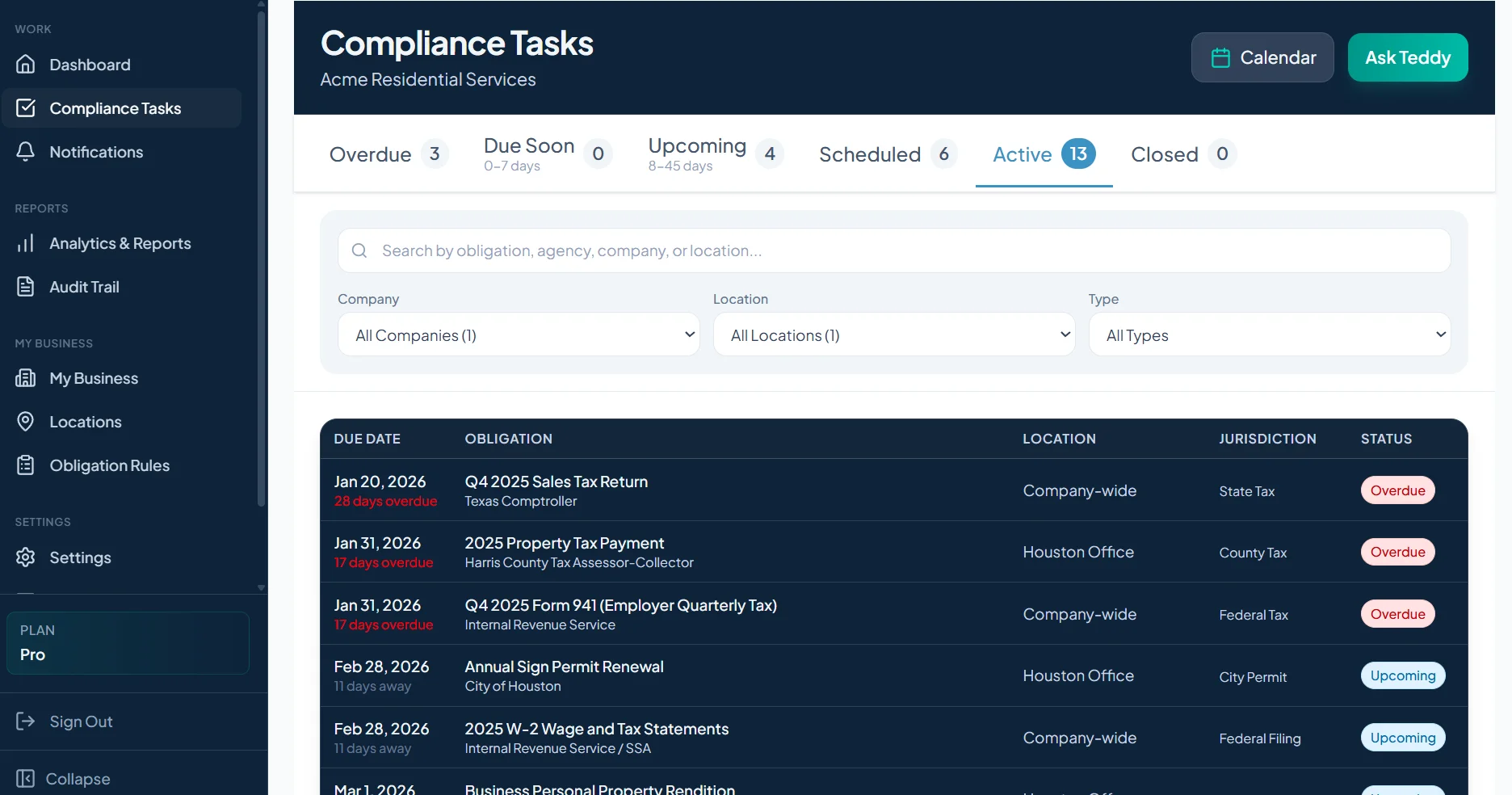 ComplyTX Pro compliance tasks view showing due dates, obligations, locations, and status for each filing requirement