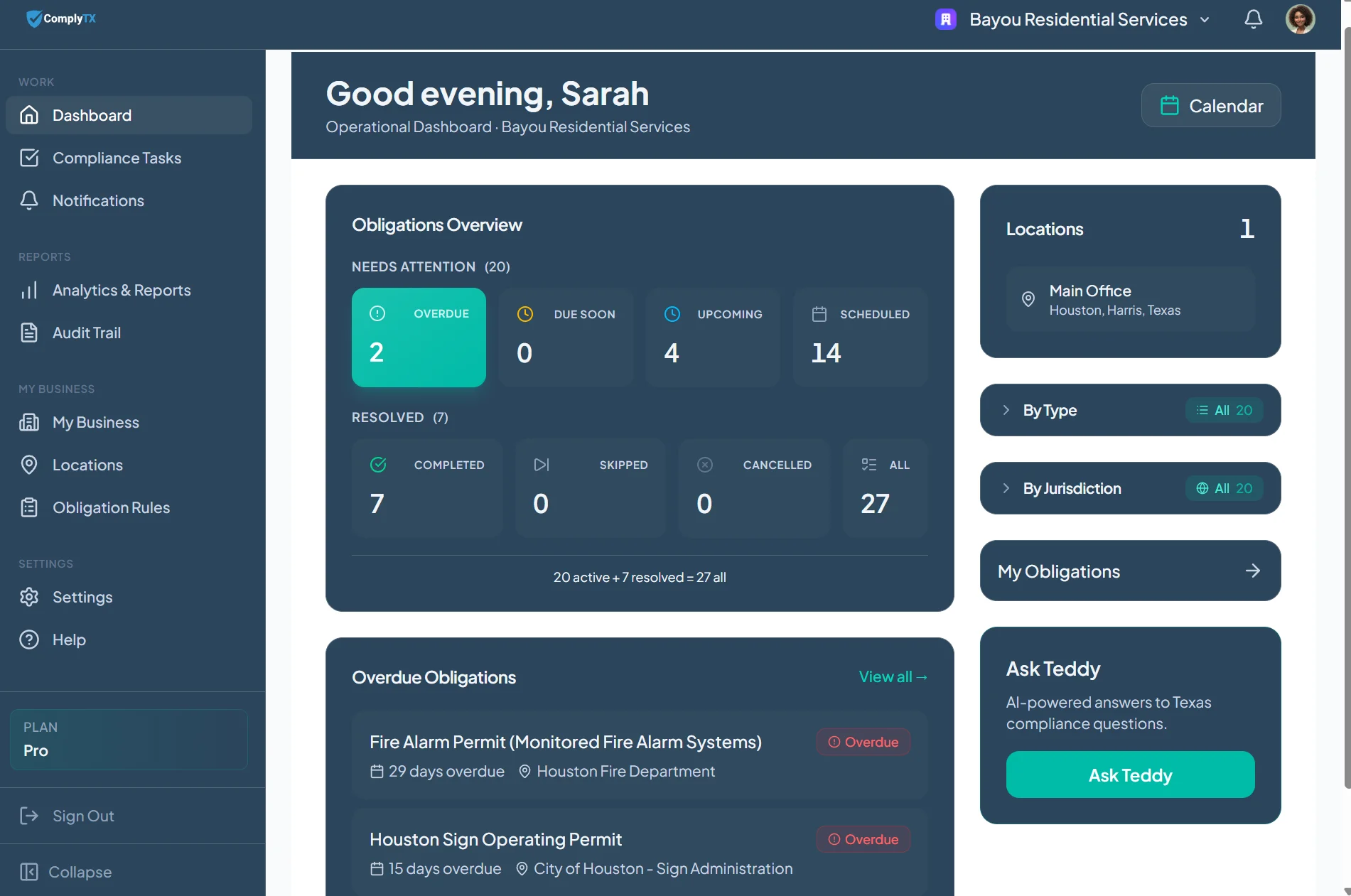 ComplyTX Pro dashboard — Bayou Residential Services obligation overview with overdue and upcoming status